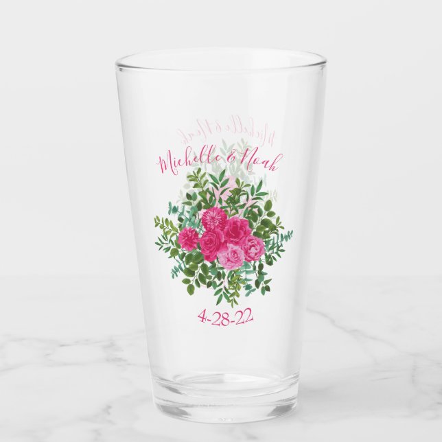 Bright Pink Floral Wedding Glass (Front)