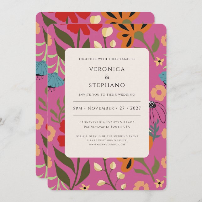 Bright pink floral wedding  invitation (Front/Back)