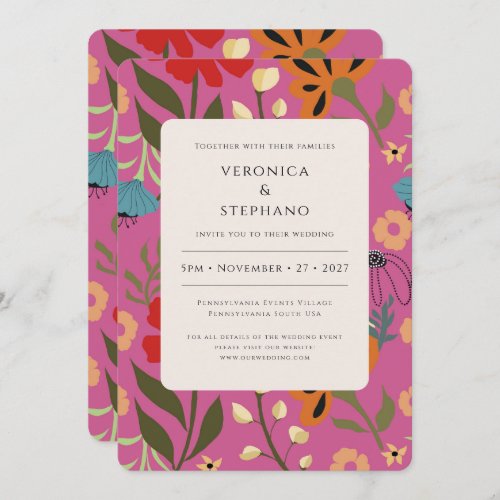 Bright pink floral wedding  invitation