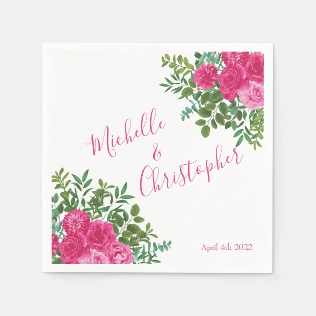 Bright Pink Floral Wedding Napkins (Front)