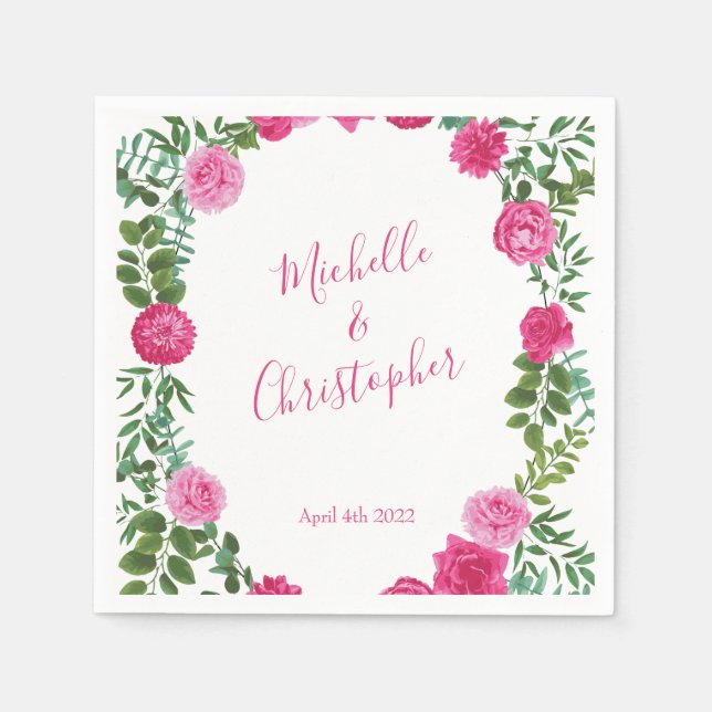 Bright Pink Floral Wedding Napkins (Front)
