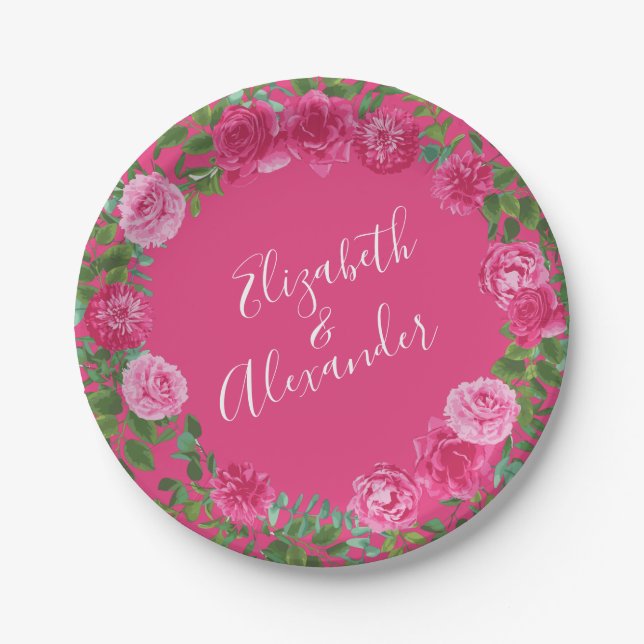 Bright Pink Floral Wedding Paper Plates (Front)