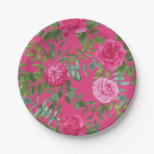 Bright Pink Floral Wedding Paper Plates