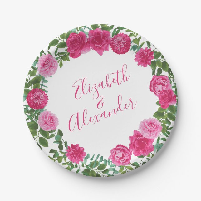 Bright Pink Floral Wedding Paper Plates (Front)