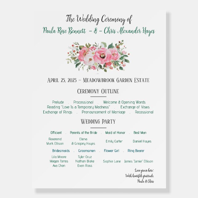 Bright Pink Floral Wedding Program Foam Board (Front)