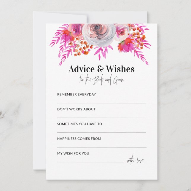 Bright Pink Floral Wedding Shower Advice Card (Front)