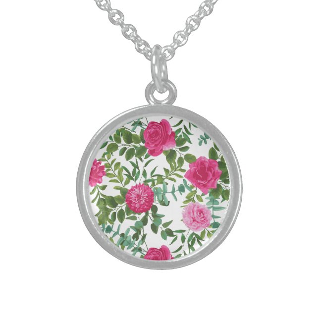 Bright Pink Floral Wedding Sterling Silver Necklace (Front)