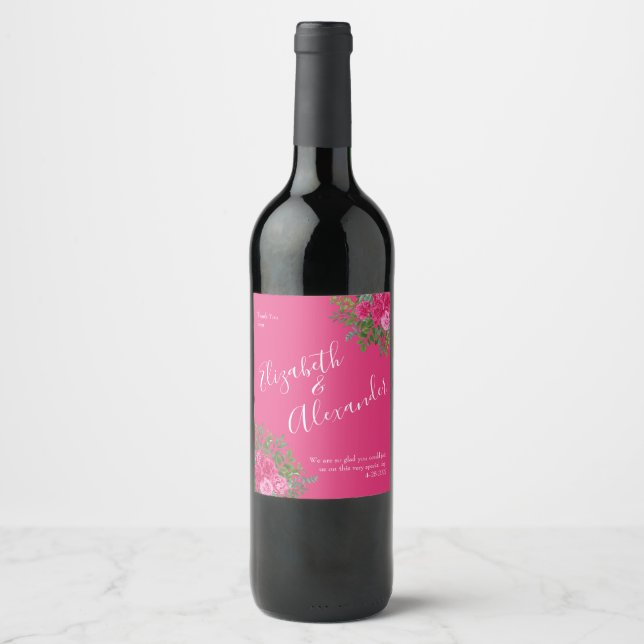 Bright Pink Floral Wedding Wine Label (Front)