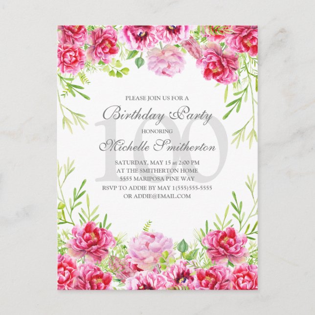 Bright Pink Floral Women's 100th Birthday Party Postcard (Front)