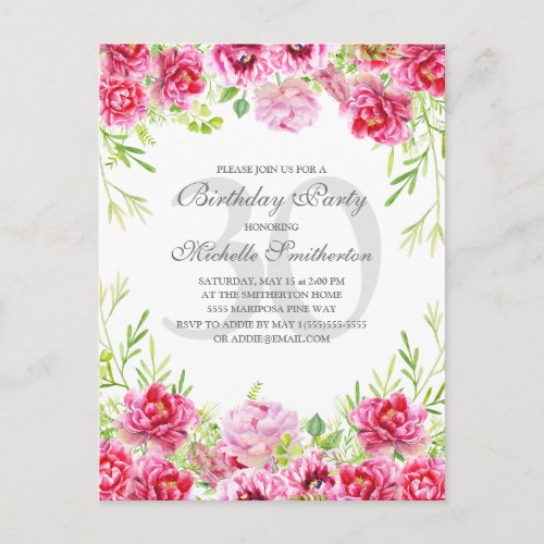 Bright Pink Floral Womens 30th Birthday Party Postcard