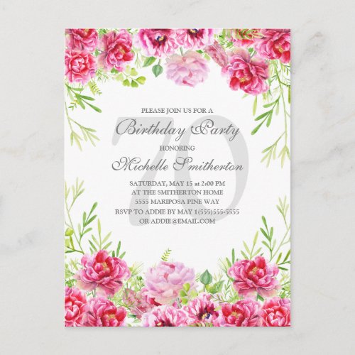 Bright Pink Floral Womens 70th Birthday Party Postcard