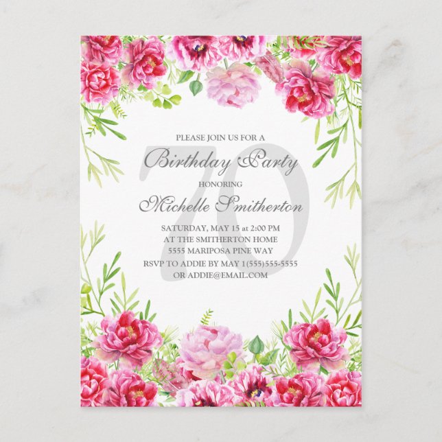 Bright Pink Floral Women's 70th Birthday Party Postcard (Front)