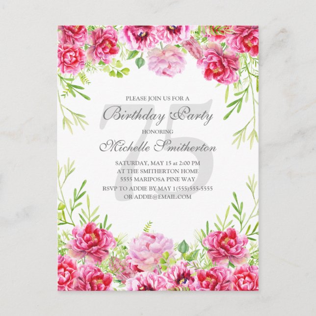 Bright Pink Floral Women's 75th Birthday Party Postcard (Front)
