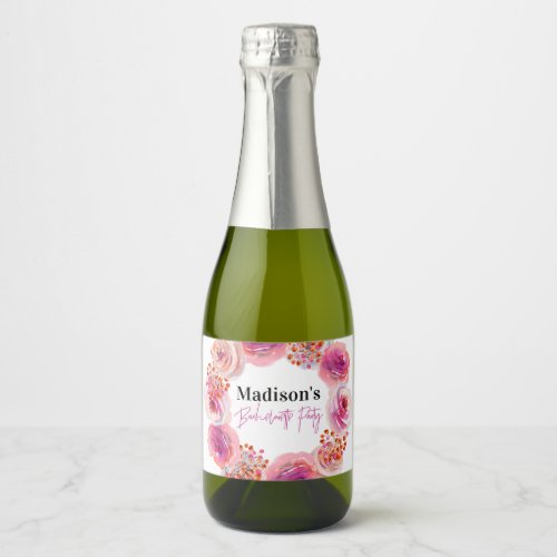 Bright Pink Floral Wreath Bachelorette Favor Sparkling Wine Label