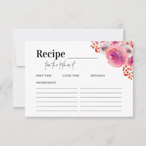 Bright Pink Florals Bridal Shower Recipe Card