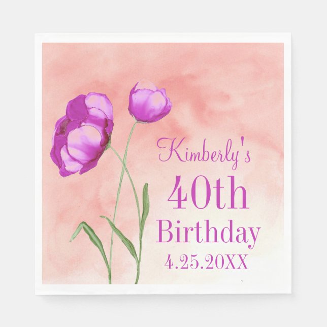 Bright Pink Florals, Customizable Birthday Napkins (Front)