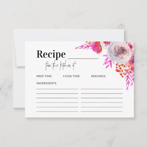 Bright Pink Florals Recipe Card for Bridal Shower 