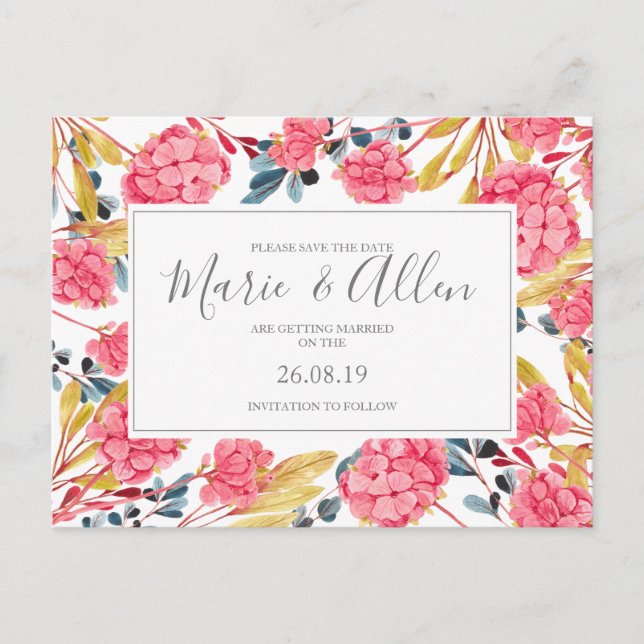 Bright Pink Florals Save the Date Postcard (Front)