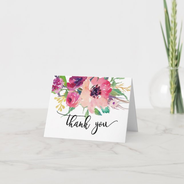 Bright pink  flower water color THank you note (Front)