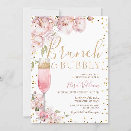 Bright Pink Flowers Brunch  Bubbly Bridal Shower Invitation