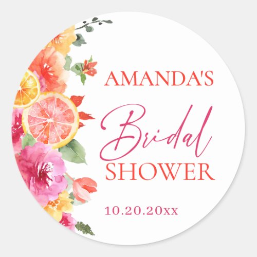 Bright Pink Flowers Citrus Slice Bridal Shower Classic Round Sticker