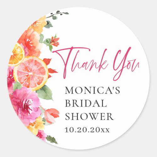 Bright Pink Flowers Citrus Slice Bridal Shower Classic Round Sticker