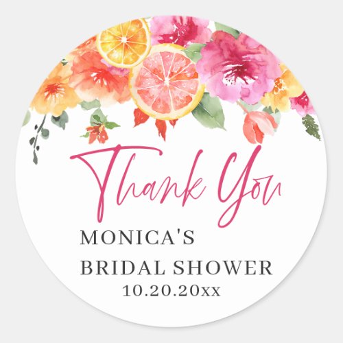 Bright Pink Flowers Citrus Slice Bridal Shower Classic Round Sticker