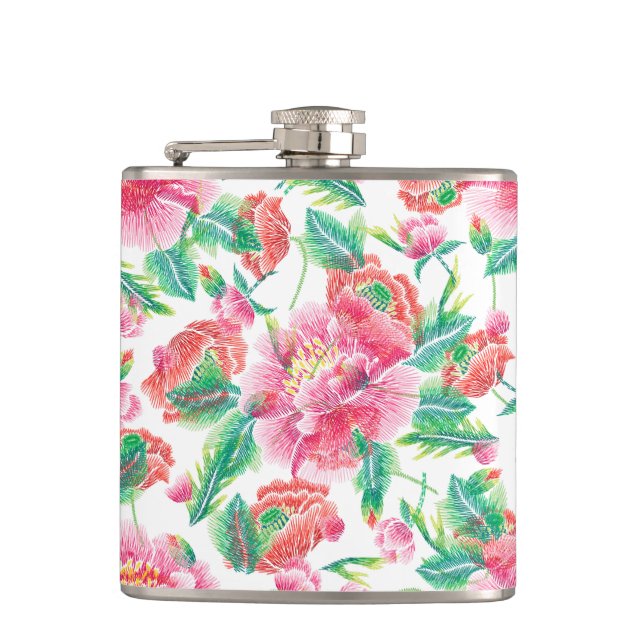 Bright Pink Flowers Pattern Girly Design Flask (Front)