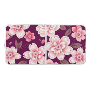 Bright pink flowers pattern on purple beer pong table