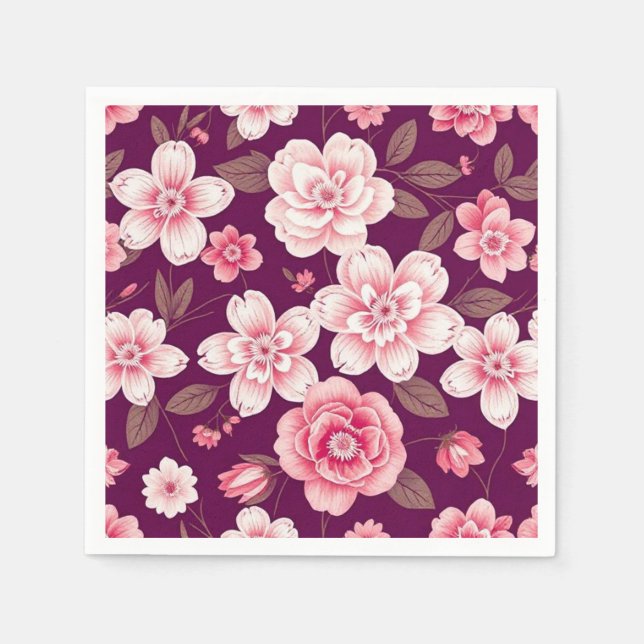 Bright pink flowers pattern on purple napkins (Front)