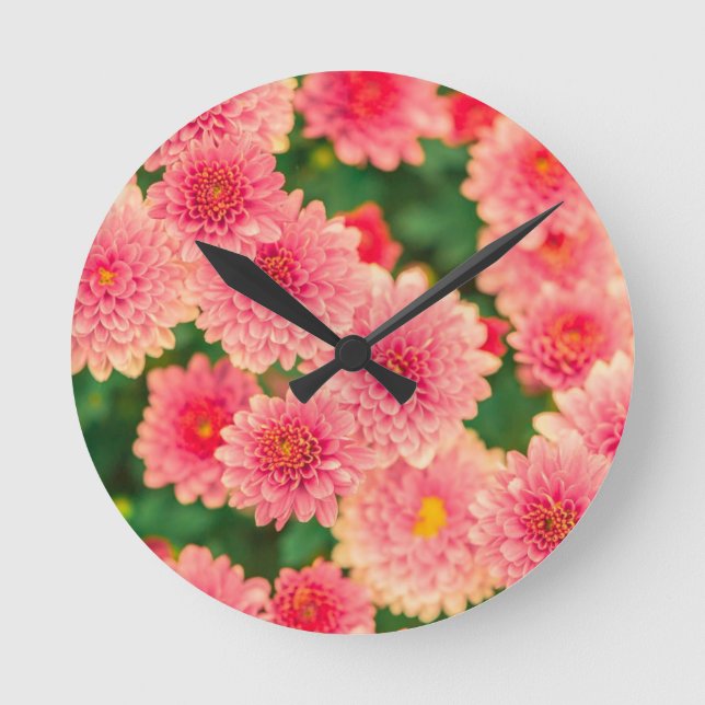 Bright Pink Flowers Round Clock (Front)