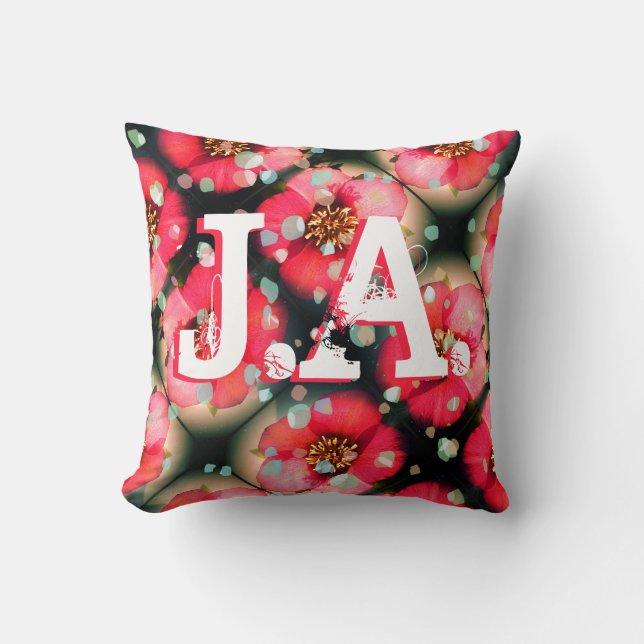 Bright Pink Flowers, your Initials and Petals Throw Pillow (Front)