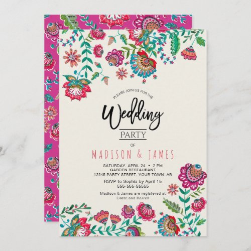 Bright pink folk flower Mexican boho wedding Invitation