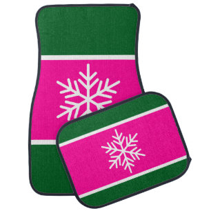 Bright Pink Forest Green White Stripes Snowflake Car Floor Mat
