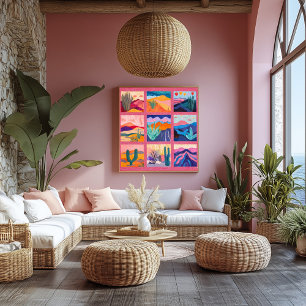 Bright Pink Framed Desert Art Grid – Colorful Poster