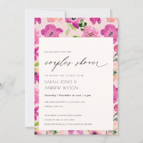 Bright Pink Fun Watercolor Floral Couples Shower Invitation