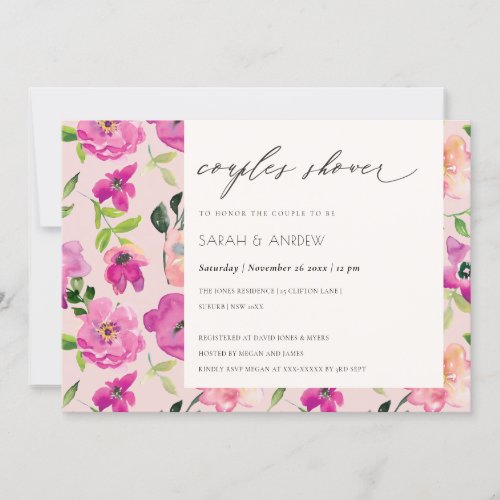 Bright Pink Fun Watercolor Floral Couples Shower Invitation