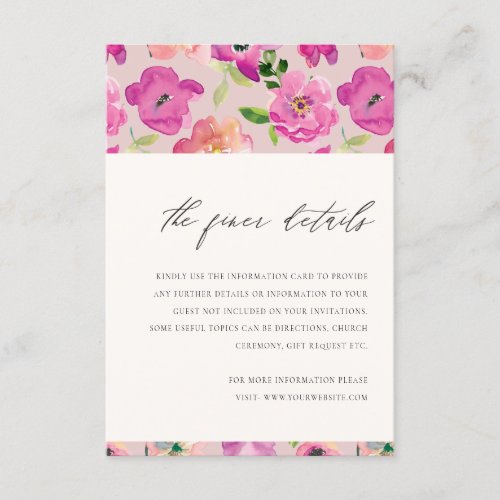 Bright Pink Fun Watercolor Floral Wedding Details Enclosure Card