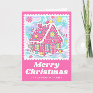 Bright Pink Gingerbread House Postage Stamp Holiday Card