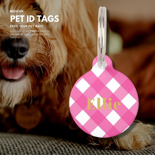 Bright Pink Gingham Check Custom Dog Tag