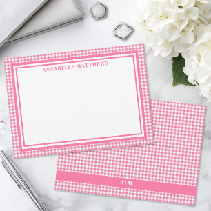 Bright Pink Gingham Plaid Personalized Note Card