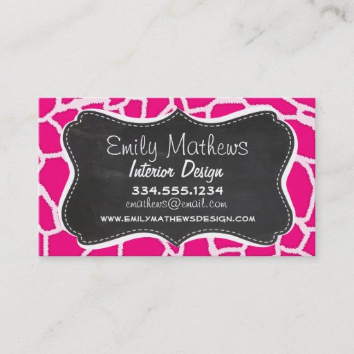 Customizable Bright Pink Giraffe Animal Print; Retro Chalkboard Business Card