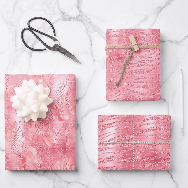 Bright Pink Glam Animal Print Wrapping Paper Sheets (Front)