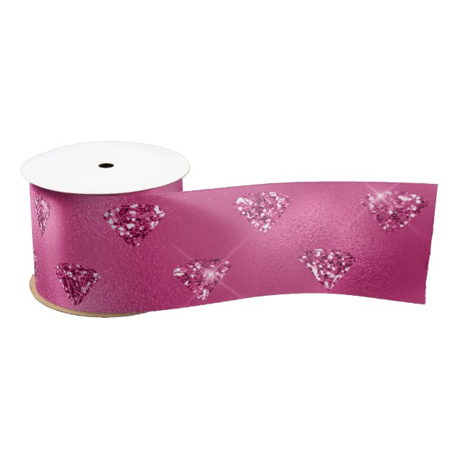 Bright Pink Glam Sparkly Diamonds Pattern Satin Ribbon (Spool)