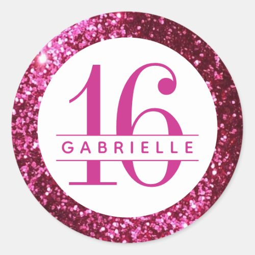 Bright Pink Glitter Birthday Favor Sticker Label