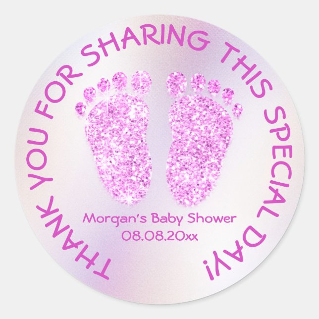 Bright Pink Glitter Feet Baby Shower Favor Thank Y Classic Round Sticker (Front)