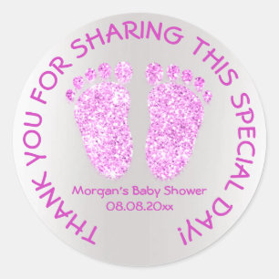 Bright Pink Glitter Feet Baby Shower Gray Thank Classic Round Sticker