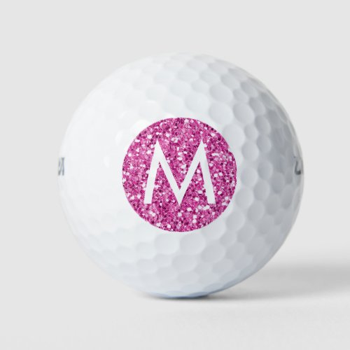 Bright Pink Glitter Modern Monogram Initial Golf Balls