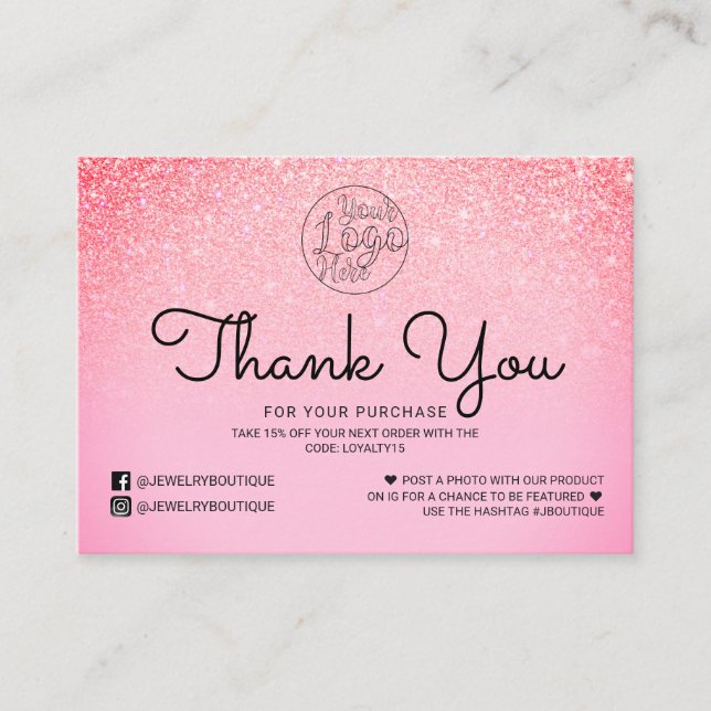 Bright Pink Glitter Ombre Customer Thank You Business Card (Front)