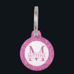 Bright Pink Glitter Pink Sparkle Pretty Girly Pet ID Tag<br><div class="desc">Pink glitter printed background with a custom cat or dog name and monogram. Type in your personalized text for a sparkly pet ID collar charm. See our collection of coordinating bowls and get a set!</div>